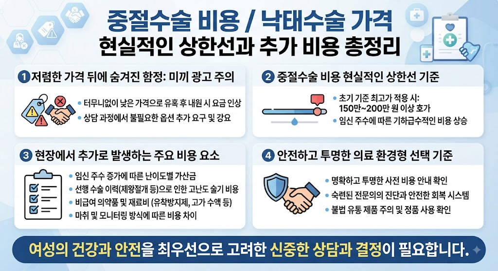 중절수술 비용 및 낙태수술 가격의 현실적인 상한선과 현장에서 발생하는 다양한 추가 비용 요인을 정리한 인포그래픽