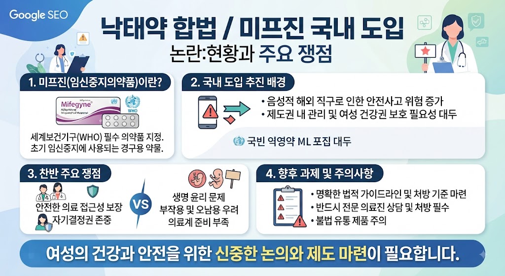 낙태약 합법화 및 미프진 국내 도입 논란과 주요 찬반 쟁점, 제도적 과제를 정리한 인포그래픽